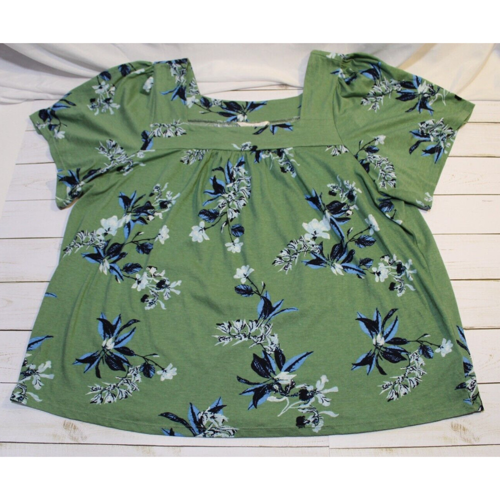 Lucky Brand Women's (XXL) Green Floral Print Top Square Neck S/S Stretch Soft